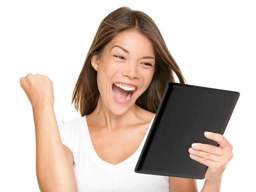 Tablet Computer Woman Winning Happy Excited