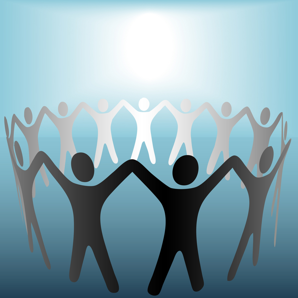 A group of Symbol People hold up arms to form a ring or team und